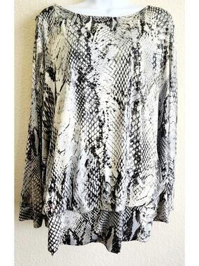 S Levine Black Gray Animal Print Sequin & Rhinestone Top 3X Plus Cold Shoulder